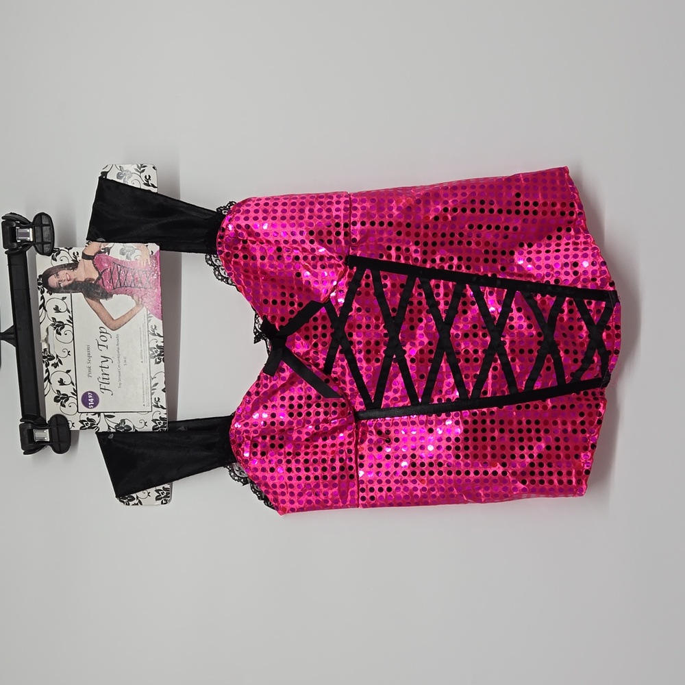 Pink Sequin Fairy Top Corset Style Black Ribbon Lace up Front Closure Size S